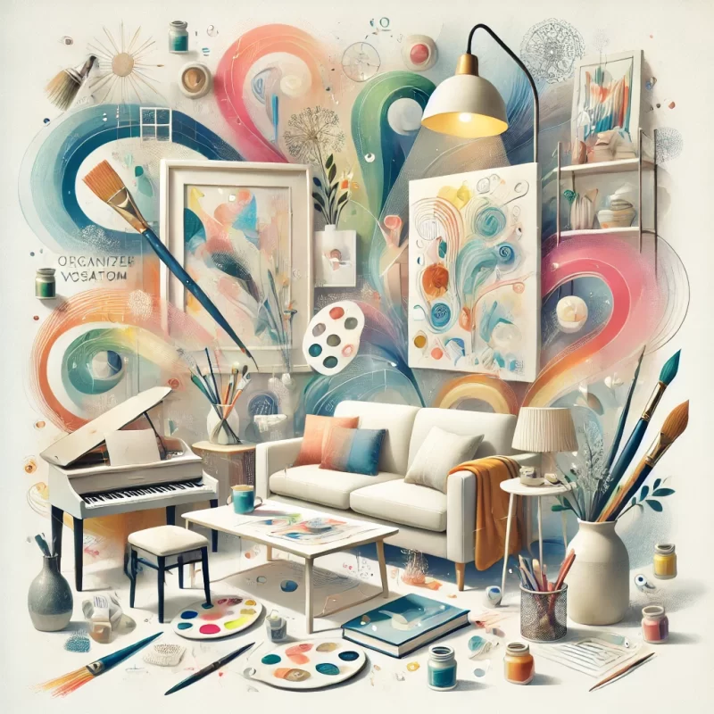 abstract illustration symbolizing art supplies like brushes and evoke a joyful, harmonious atmosphere of organized chaos.