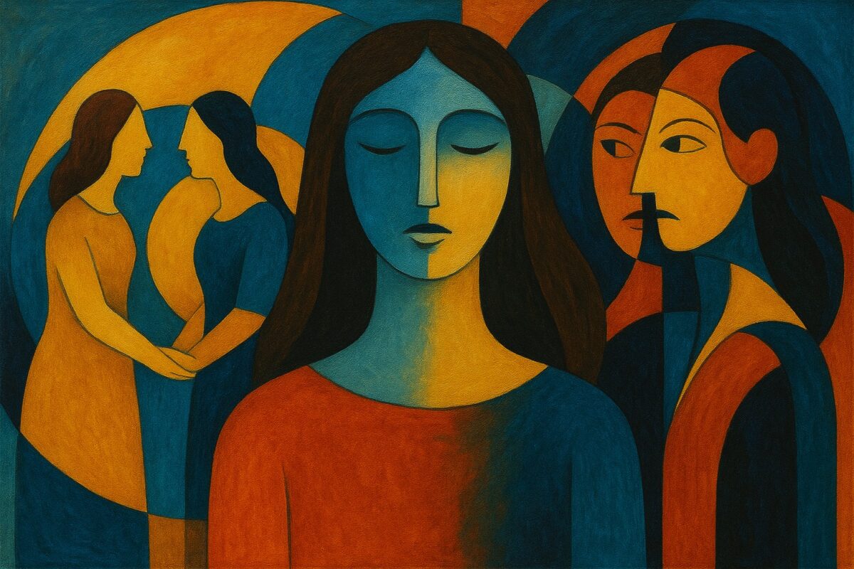 Abstract art of a woman torn between memories of true friendship and the harshness of modern fake connections.